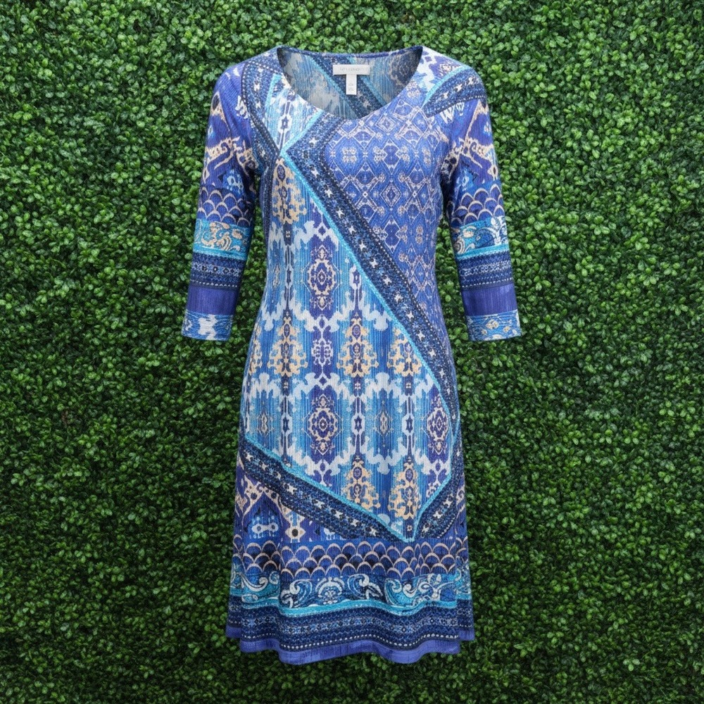 Rabbit Rabbit Rabbit Petite Blue Ikat Patchwork V-Neck 3/4 Sleeve Dress Size 12 - Picture 1 of 8